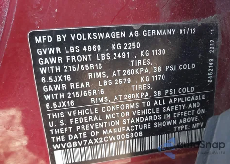 2012 Volkswagen Tiguan S из США, поврежденный, VIN WVGBV7AX2CW005308